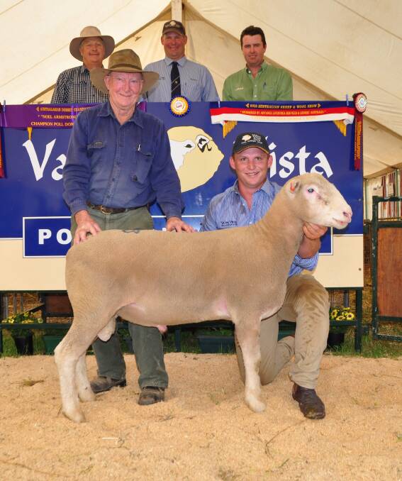 Buyer of the equal top priced Poll Dorset ram at for $2000 at the Valley Vista stud sale at Coolac last Friday was Harold Shore (pictured front left), "The Elms", Tumut. Holding the ram is Valley Vista stud co-principal Joe Scott, (pictured at back) are selling agents Jim Saunderson, McAlister Saunderson Stubbs, Gundgai, and Landmark Wagga Wagga agent Jarrod Slattery with Valley Vista stud co-principal Andrew Scott (centre).