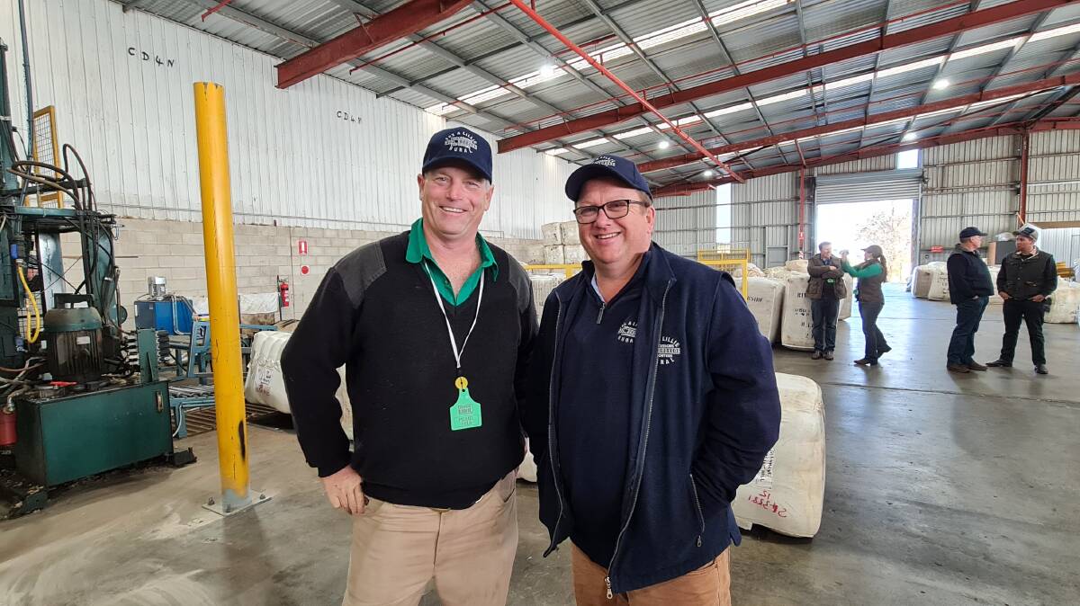 SHOWCASING WOOL: Michael Field of TA. Field Estates pictured with Daniel Charters of Fox & Lillie Rural, Wagga. Picture: Supplied