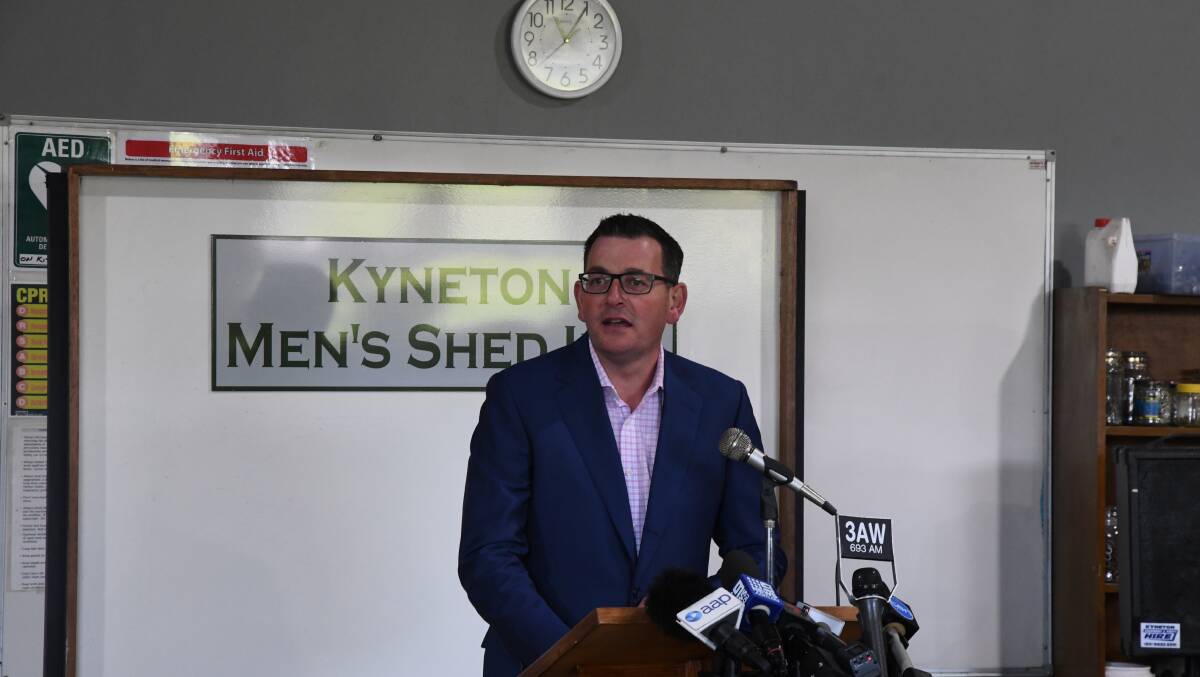 The Premier made a personal speech to those gathered at the Kyneton Men's Shed, outlining how mental health and suicide has impacted his own family and friends. Picture: ADAM HOLMES
