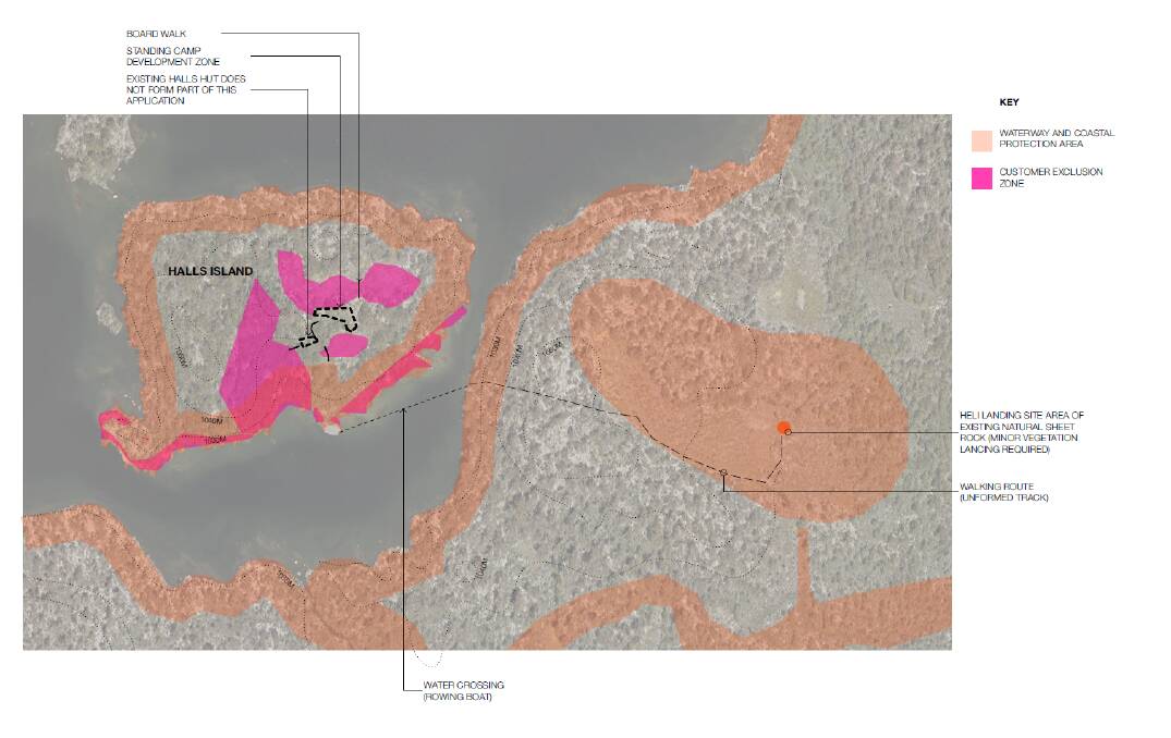 The location of the exposed bedrock helicopter landing area (to the right), the route of the rowing boat, coastal protection areas (orange) and exclusion zones (pink).