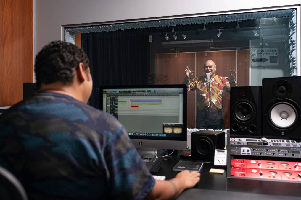Will Kepa records singer songwriter Uncle Joe Geia in the new Yil Lull recording studio at the Australian National University. Picture: Jamie Kidston/ANU