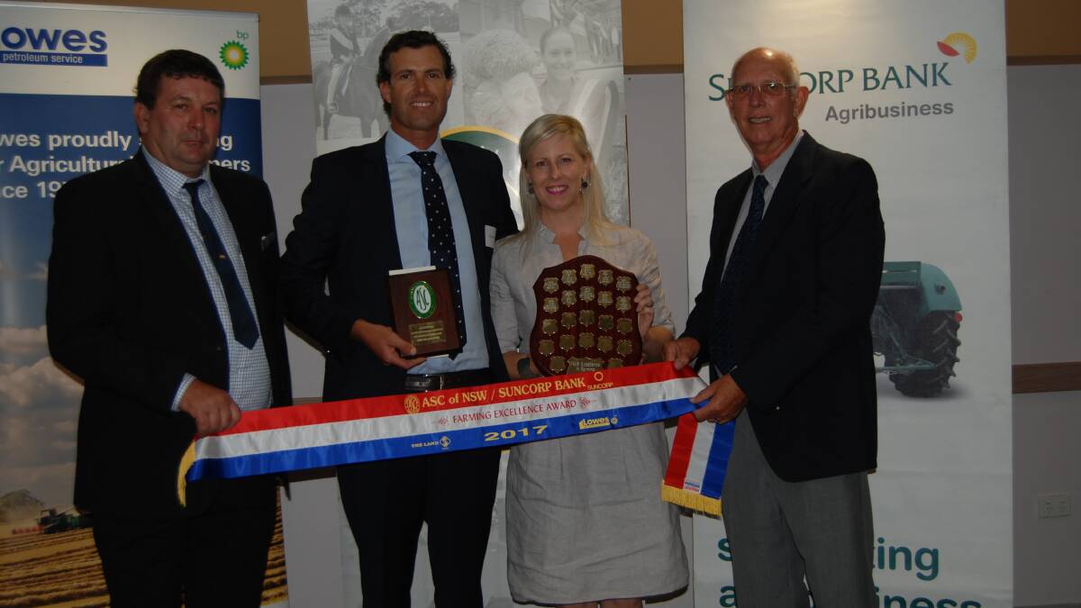 Winners of the excellence award for whole farm management, Robert and Amanda Woods, Boggabilla, with (left) Barry Unger, Stoller, and judge, Paul Parker.