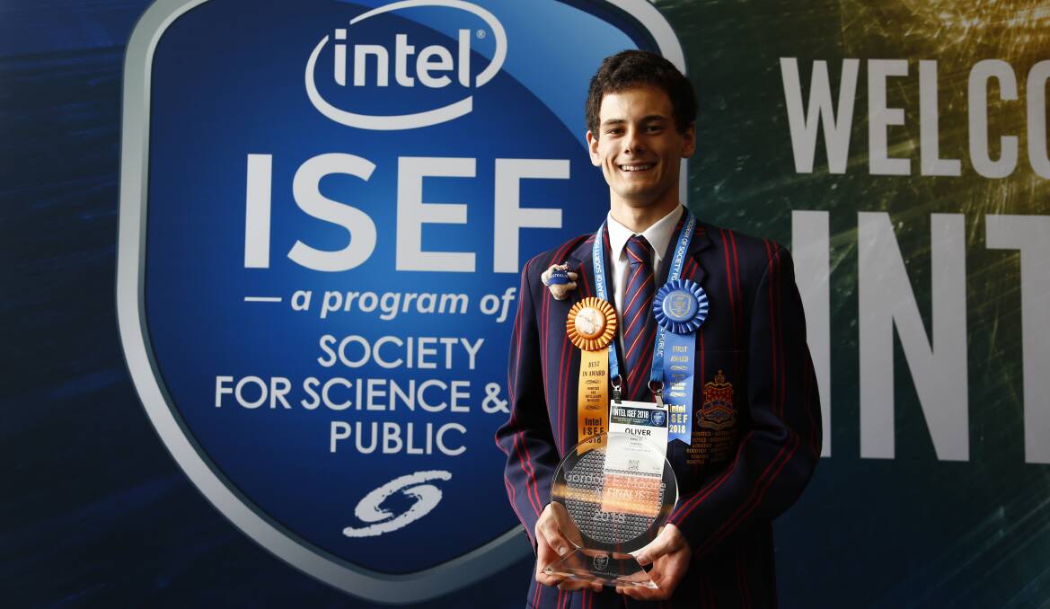 BARKER College graduate Oliver Nicholls with the Gordon E Moore Award at the Intel International Science and Engineering Fair (Intel ISEF).