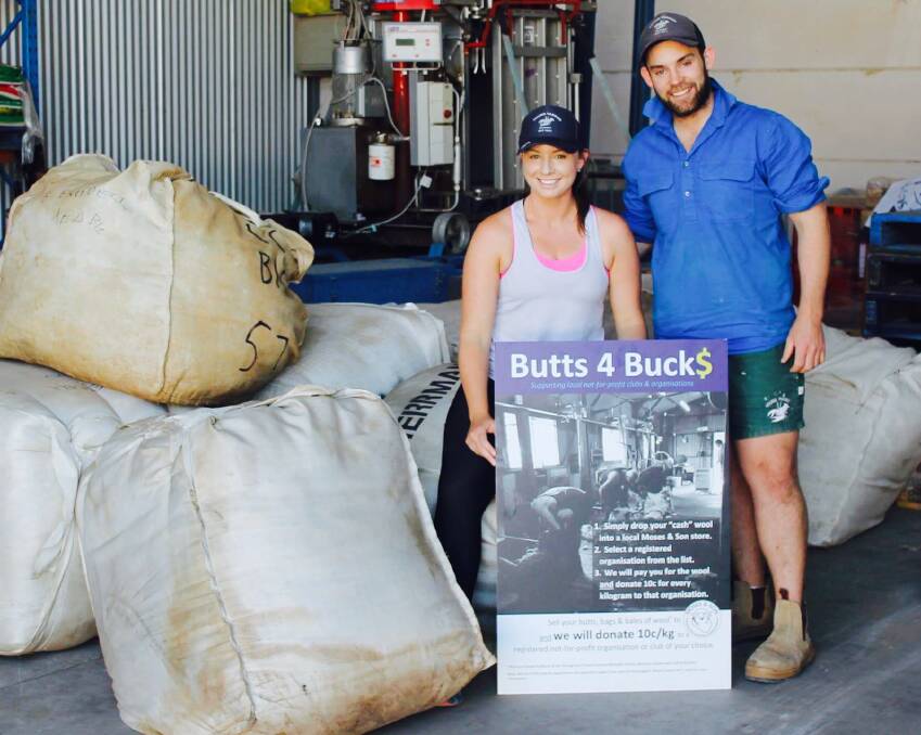 BEN and Jacqui Everdell, "Weddiah", Maimuru brought their wool into Moses & Son Young and chose the Young Yabbies Rugby Union Football Club as recipients of the Butts 4 Buck$ program.