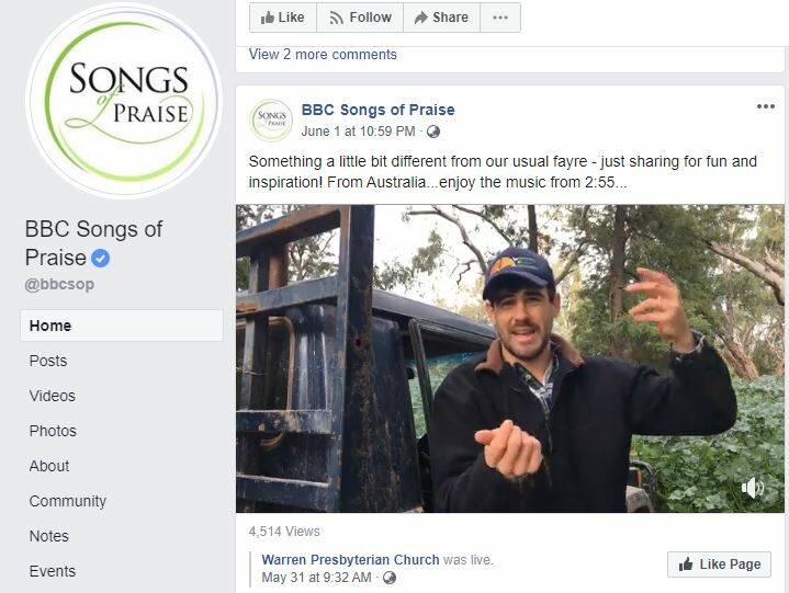 SHARED: A screenshot showing the BBC's Songs of Praise sharing the Warren Presbyterian Church's online service. 