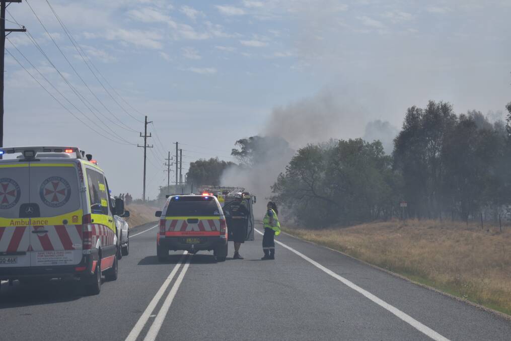 Emergency services at the scene of a truck crash and fire outside Wagga on Thursday. Picture: Courtney Rees
