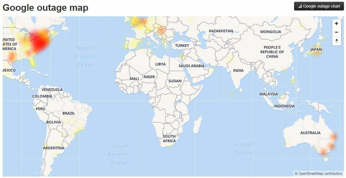 Google users are reporting service outages across the planet on Monday morning. Picture: downdetector.com/screengrab