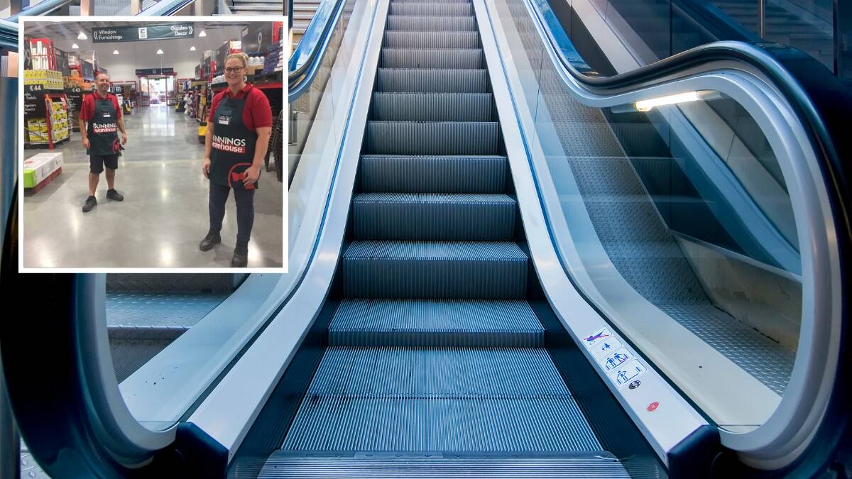 Pictured main: Definitely not the Bunnings escalator. Pictured insert: Complex manager Richard Jenkins and operations manager Sarah Agland in the new Bunnings building, due to open soon.