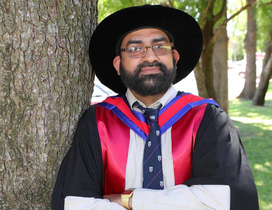A leaf a day: Dr Muhammad Kamran was awarded his PhD from Charles Sturt Univeristy on Tuesday morning, following more than three years of research into the health benefits of olive-leaf extracts. Picture: Kieren L Tilly 