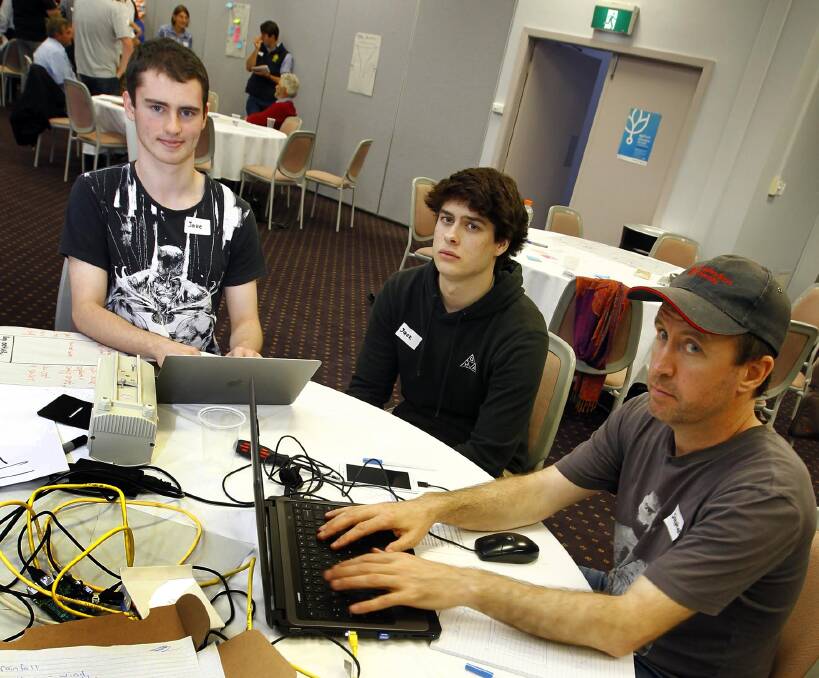 Innovators: Jake Geltch (L), Jack Klimpsch and Stephen Cassidy, attended the first NSW regional Agrihack at CSU this week, working together to solve rural issues. 