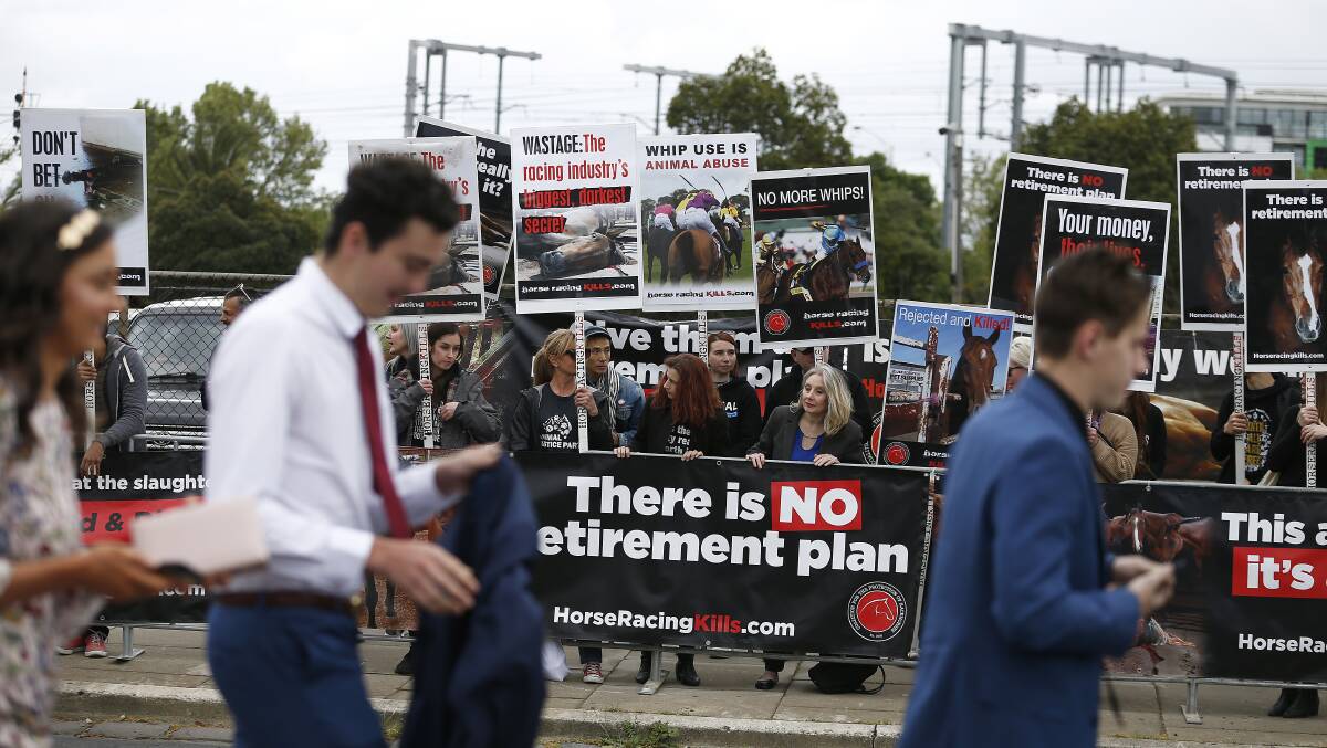 Protesters outside Caulfield last Saturday before the Caulfield Cup.