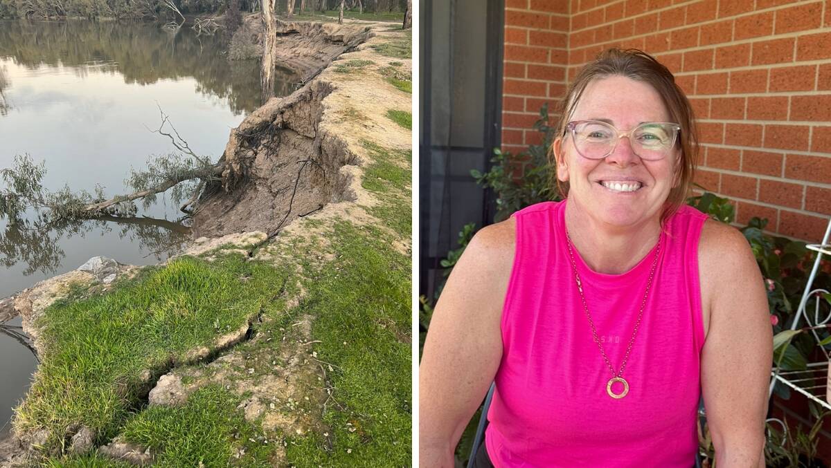 Southern Riverina Irrigators chief executive Sophie Baldwin (right) alongside an image of erosion of the Murray River located downstream of Torrumbarry Lock. Ms Baldwin said this erosion has increased under the Basin Plan. Pictures supplied 