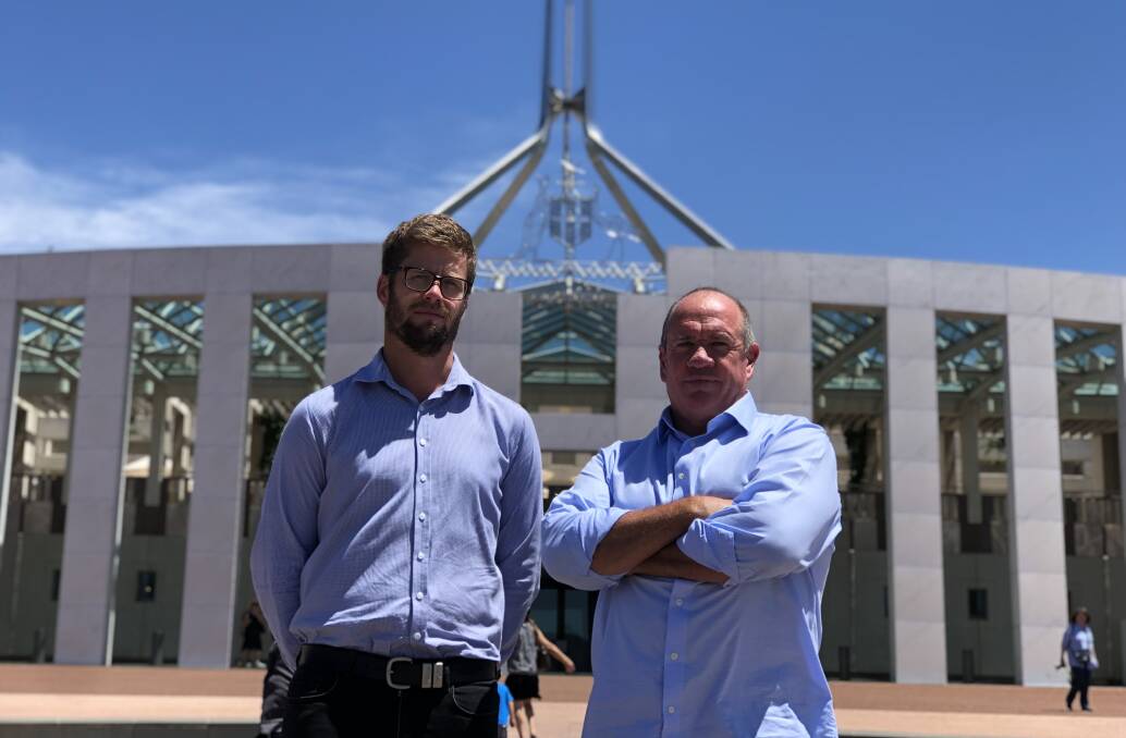 NEW PLEA:  Southern Riverina Irrigators vice chair Darcy Hare and chair Chris Brooks outside Parliament House.