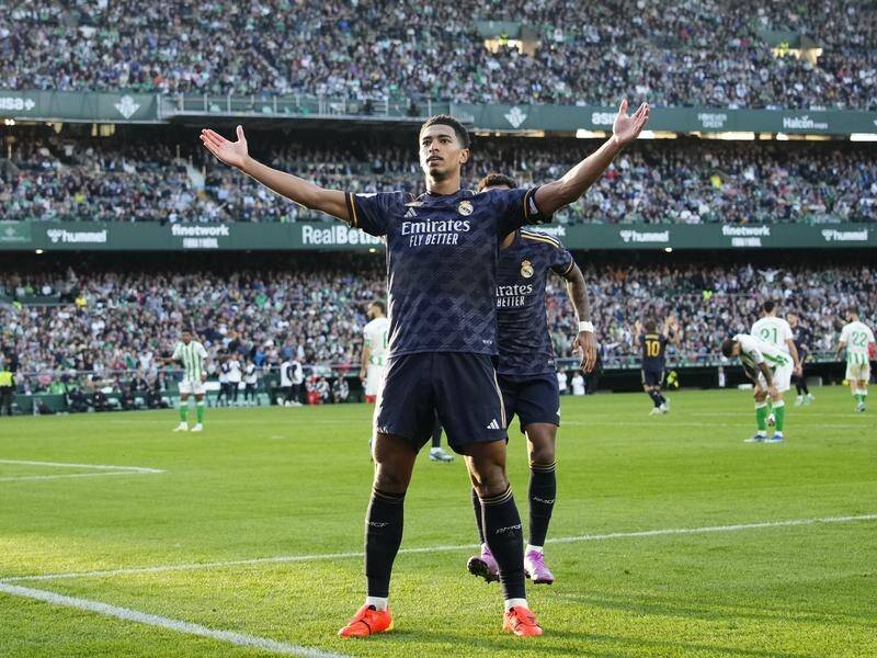 Real Madrid's Jude Bellingham celebrates after scoring the opening goal against Betis. (AP PHOTO)