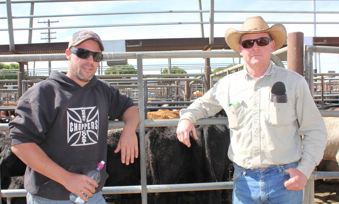 Nigel Curtis from Euberta and Spud Parker from Coolamon pictured at the Wagga Livestock Marketing Centre. Pictures: Holly Martin