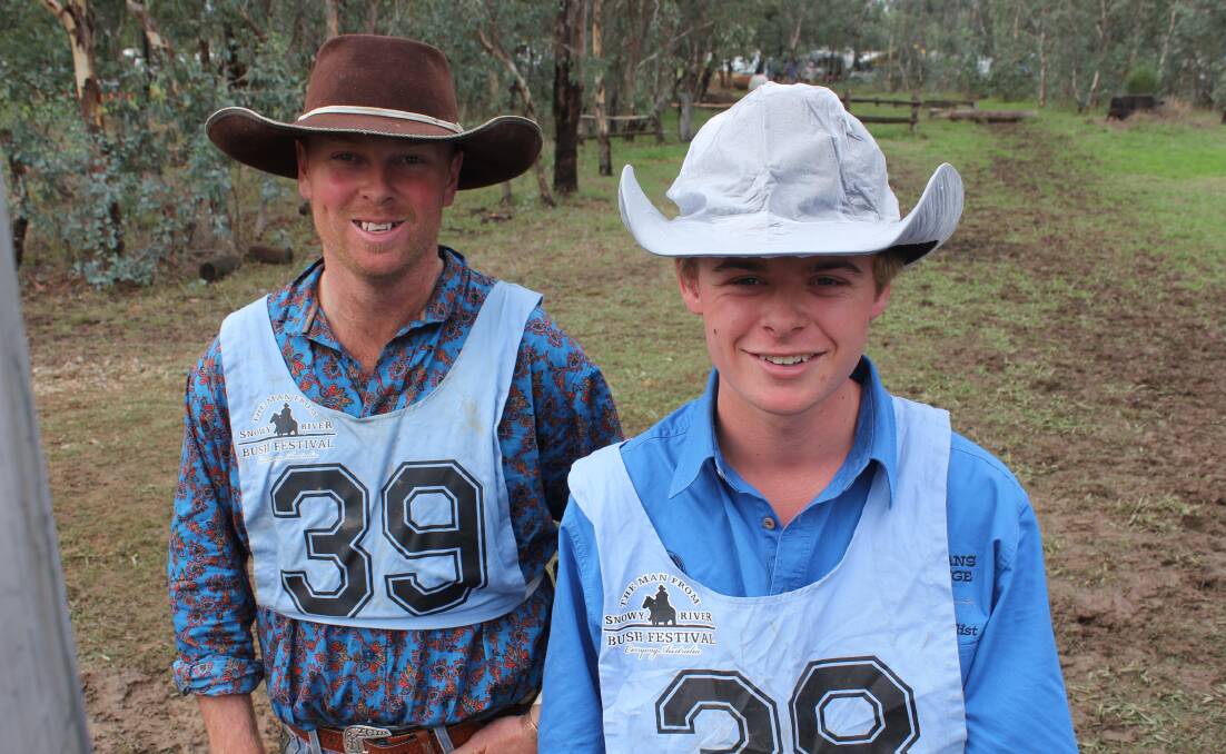 Brett Aitchison, Berriedale and Ben Smart from Wagga compete in The Man From Snowy River Challenge at Corryong. Pictures: Nikki Reynolds