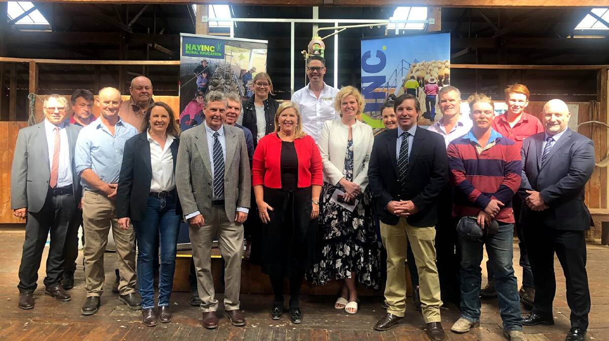 EXCITING FUTURE: Bronnie Taylor shares the news of the funding with Hay Inc representatives at the Shear Outback Shearers Hall of Fame. Picture: Contributed