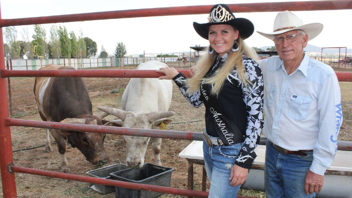 Miss Rodeo Australia, Bobbie-Jo Geisler and stock contractor John “Happy” Gill from The Rock with bulls Buck Owens and Flying Feathers 102 .