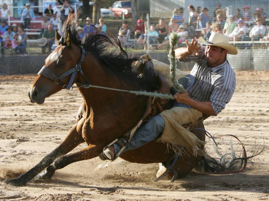 Tyler Pendergast from Wagga competes in the saddle bronc at Narrandera Rodeo. Picture: Les Smith