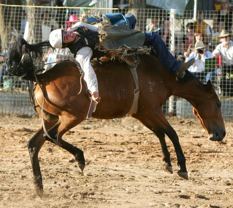 Cody Tyrrell competes in the bareback event at the Narrandera Rodeo. Pictures: Les Smith