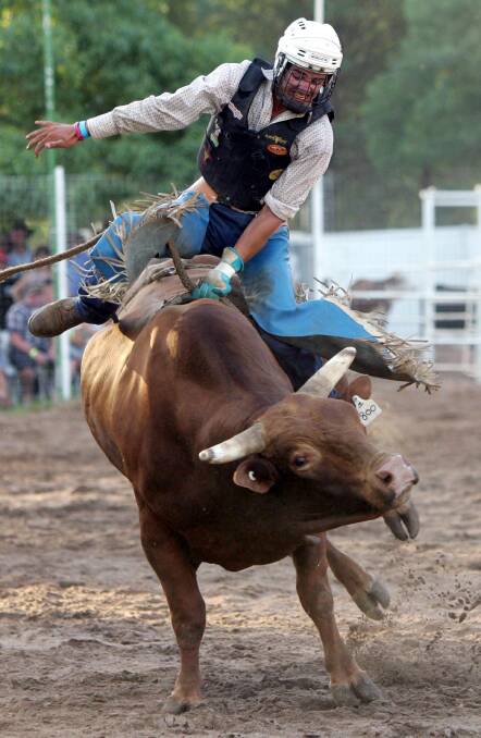 Cody Tyrrell competes in the bull ride at Narrandera Rodeo. Pictures: Les Smith